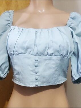 Free People Blue Puff Sleeve Crop Top (READ DESCRIPTION)